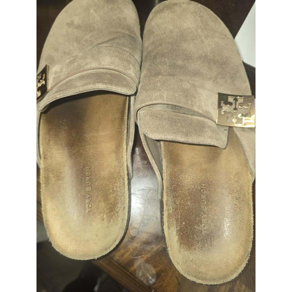 Tory Burch Taupe Suede Slip-On Mules with Gold Logo